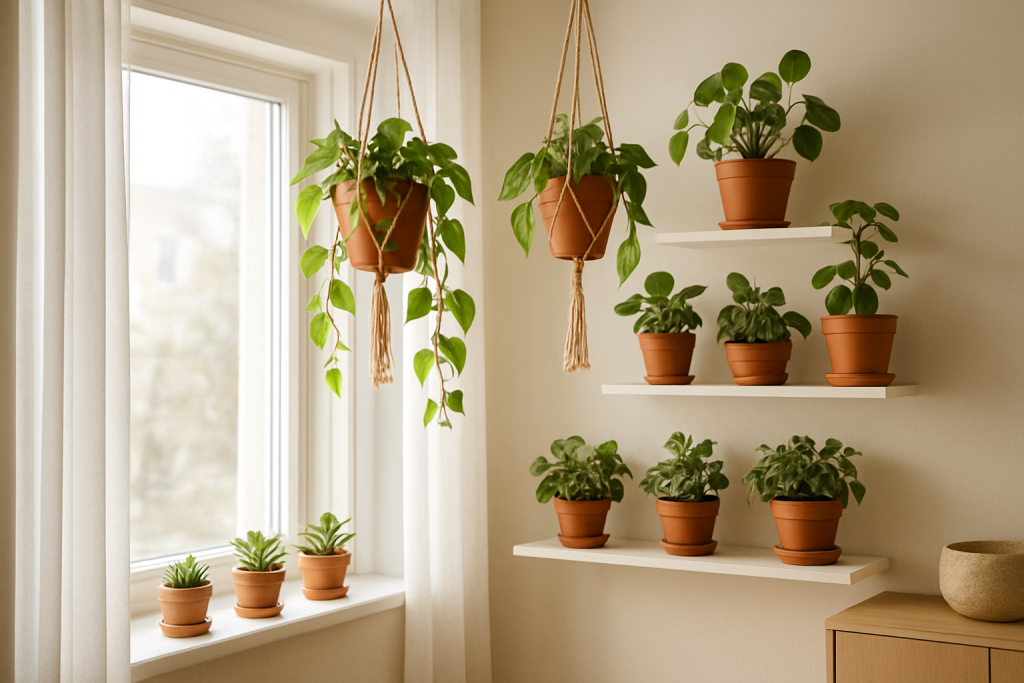 Mała, zielona aranżacja z doniczkami na półkach i parapecie