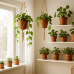 Mała, zielona aranżacja z doniczkami na półkach i parapecie