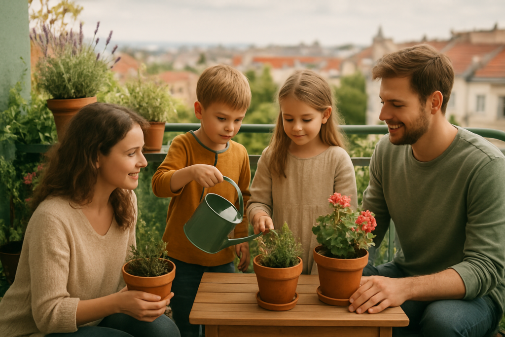 Rodzina pielęgnująca zielony balkon z donicami i roślinami