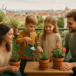 Rodzina pielęgnująca zielony balkon z donicami i roślinami