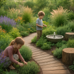 Ogród sensoryczny z kolorowymi roślinami, ścieżkami i miejscem do relaksu