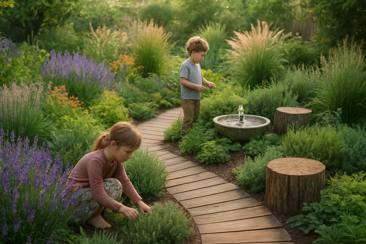 Ogród sensoryczny z kolorowymi roślinami, ścieżkami i miejscem do relaksu