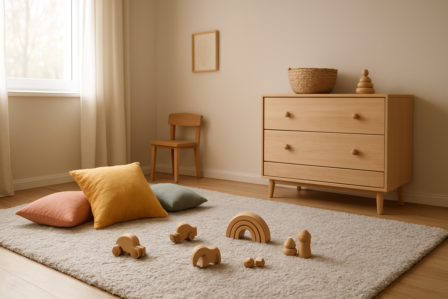 Przytulny pokój dziecięcy z jasnoszarym dywanem