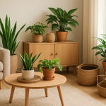 Wnętrze zielonego domu z roślinami i naturalnymi środkami czystości