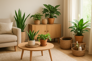 Wnętrze zielonego domu z roślinami i naturalnymi środkami czystości