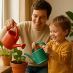 Dziecko podlewające roślinę razem z dorosłym przy oknie