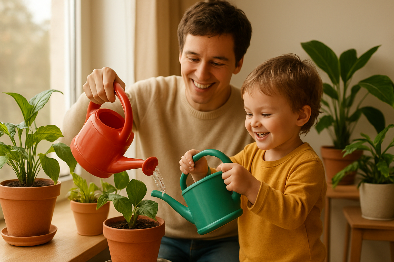 Dziecko podlewające roślinę razem z dorosłym przy oknie