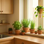 Mała kuchnia z parapetem pełnym doniczek z ziołami i sukulentami