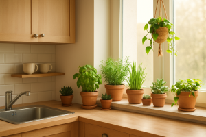 Mała kuchnia z parapetem pełnym doniczek z ziołami i sukulentami