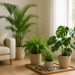 Salon z roślinami poprawiającymi wilgotność: palma, paproć, monstera
