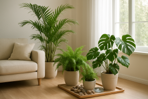 Salon z roślinami poprawiającymi wilgotność: palma, paproć, monstera