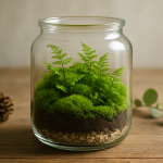 Mini las w słoiku z mchem i paprociami na stole