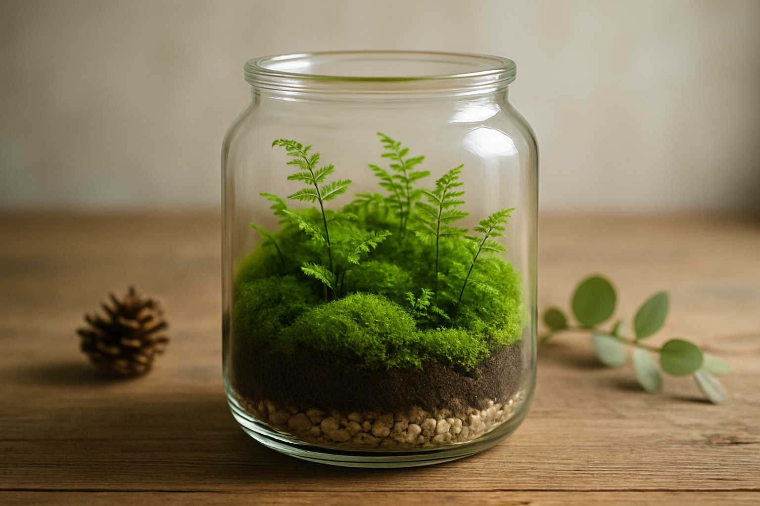 Mini las w słoiku z mchem i paprociami na stole